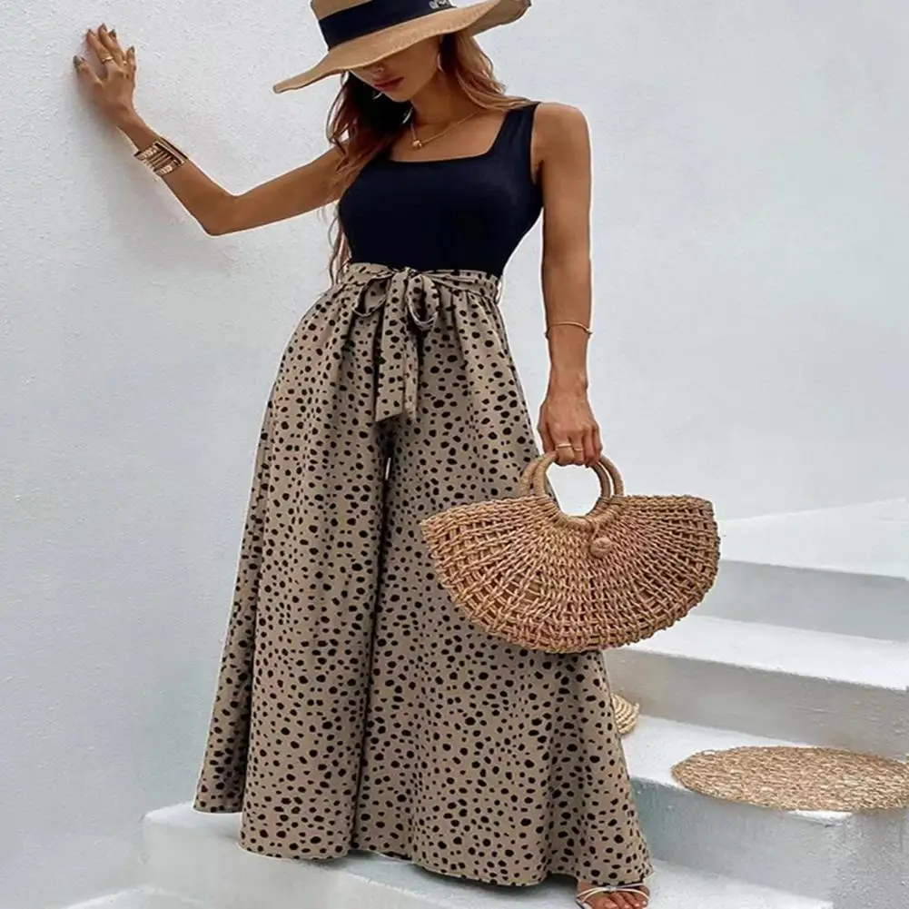 

Women Jumpsuits Leopard Print Square Neck Sleeveless Long Jumpsuits Fake Two-piece Wide Legs Deep Crotch Jumpsuits With Belt