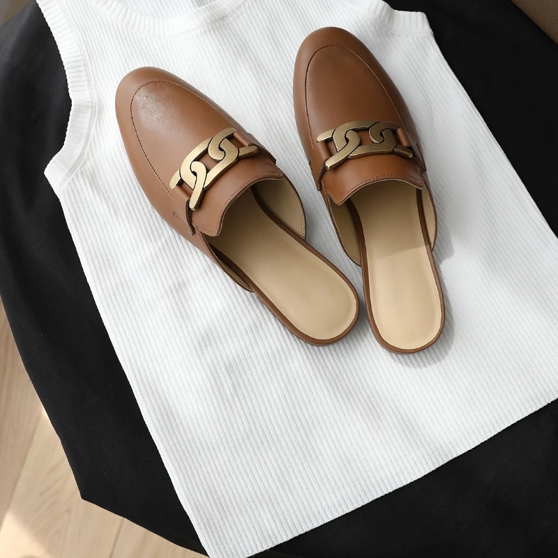 Slippers for Women In Spring and Autumn, New Leather Wrapped Lefu Half Slippers for Wearing on Muller Loafers