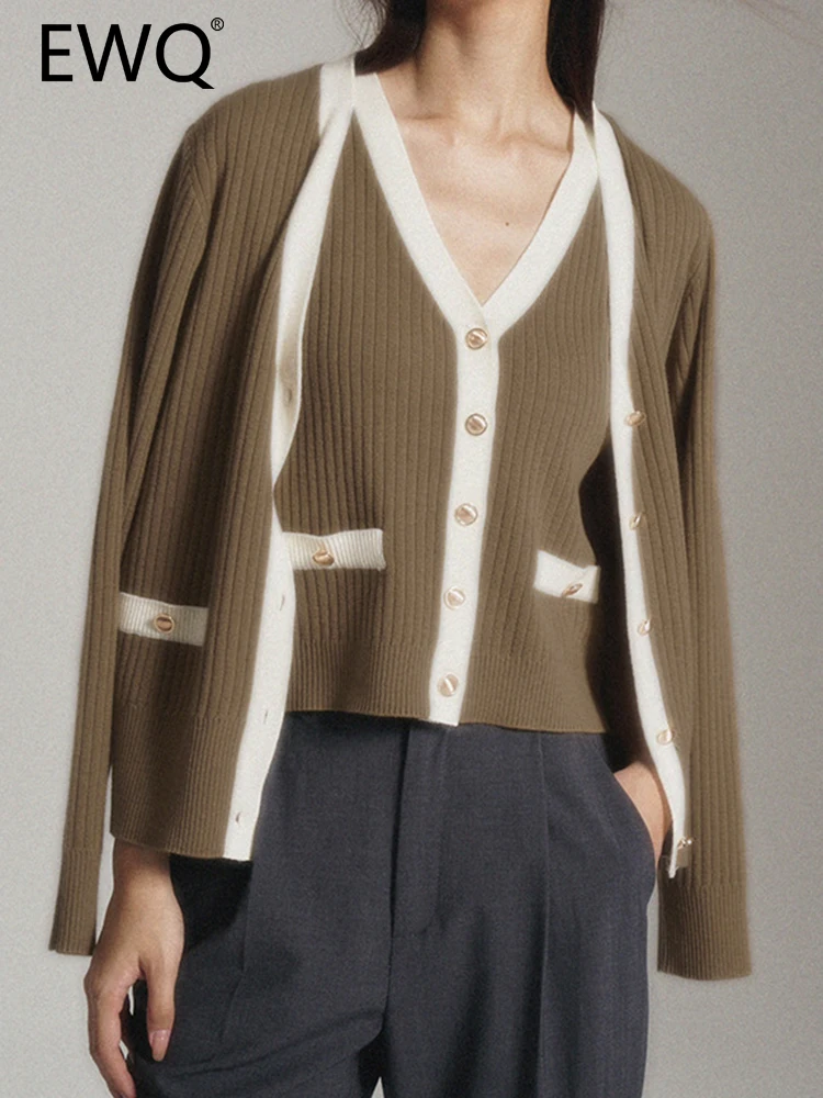 

EWQ High End Wool Knitting Cardigan Sweater For Women Long Sleeve Contrast Color Elegant Female Tops 2023 Autumn New 26D5366