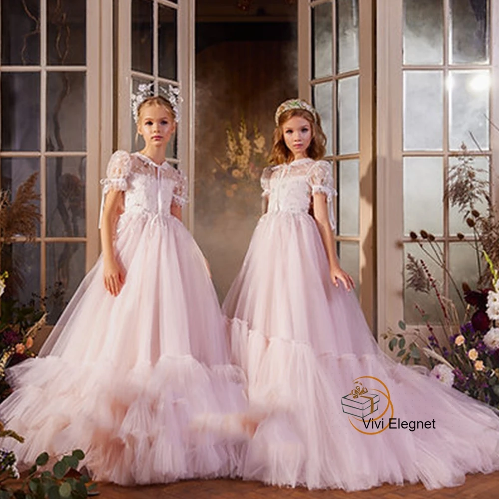 

Simple Ivory Short Sleeve Flower Girl Dresses Scoop A Line Wedding Party Gowns 2023 New Soft Tulle Sweep Train فساتين اطفال للعي