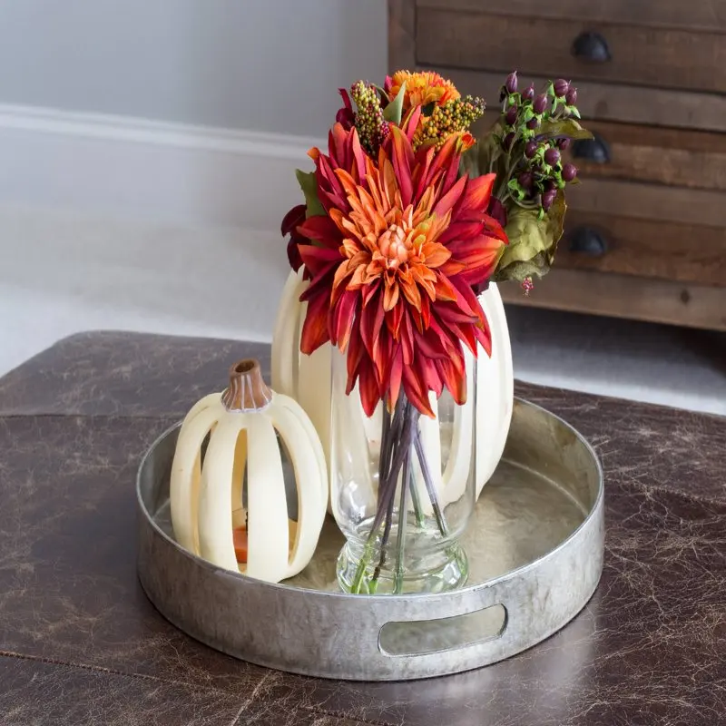 Dahlia & Mum Artificial Flower Arrangement with Vase, Orange images - 6