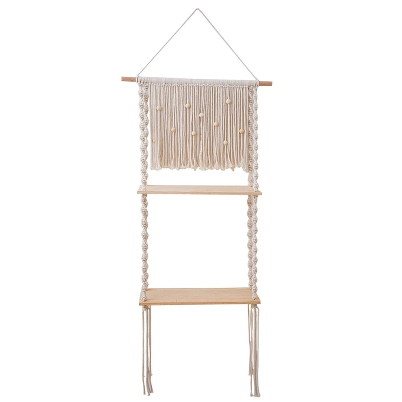 

H55A Bohemian Macrame Wall Hanging Shelf Double Layer Floating Storage Rack Plants Holder Display Organizer with Tassel Decor