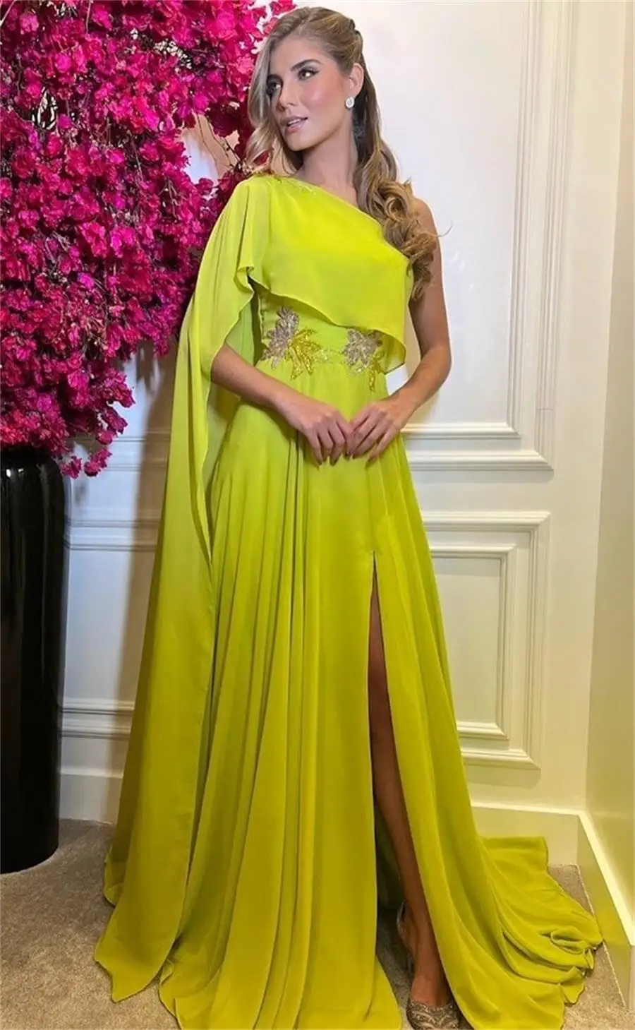

Lemon Yellow Chiffon One Shoulder Prom Dresses Beaded Floor Length Saudi Arabic Women Evening Party Dress