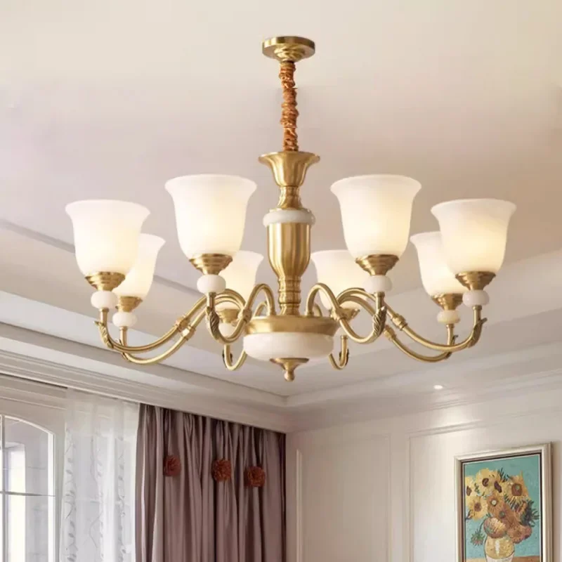 

Подвесной медный светильник в американском стиле, Роскошная лампа в европейском стиле для гостиной, спальни, атмосферный нефритовый Ретро светильник