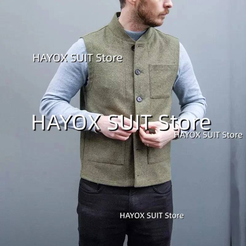 

Men's Suit Vest Single Breasted Stand Collar Multi Pocket Gentleman Sleeveless Jackets Vintage Tooling Waistcoat