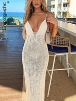 cryptographic summer beach knitted backless spaghetti strap maxi dress for women holiday hollow out split long dresses clothes