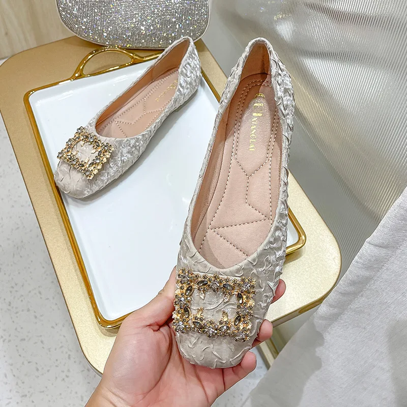 High Quality Rhinestone Buckle Women Ladies Comfortable Ballet Fashion Slip on Shallow Loafers Office Flat Boat Shoes