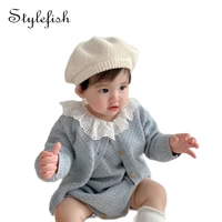 2022 spring clothing infant baby sweater round neck solid color cotton yarn knitted romper coat two piece suit girl clothes
