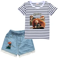 2022 disney braver printed baby boys and girls striped t shirt washed shorts suit summer cotton cartoon casual sportswear
