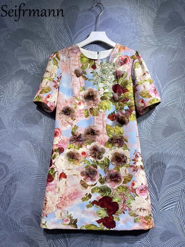 

Seifrmann High Quality Summer Women Fashion Runway Mini Dress Short Sleeve Gorgeous Crystal Appliques Ditsy Print A-Line Dresses