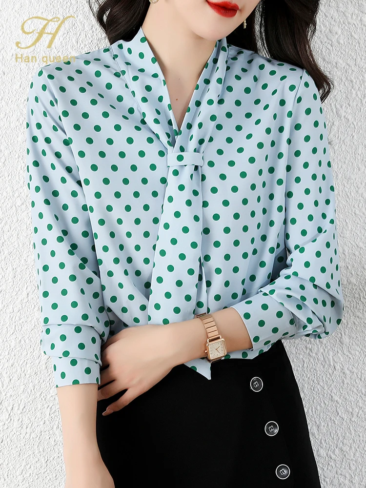 

H Han Queen Autumn V-Neck Long Sleeve Simple Women Tops Loose Chiffon Blouse Office Casual Female Clothing New Dot Blouses 2022