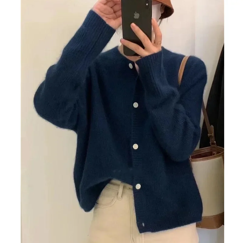

Модный и универсальный вязаный кашемировый кардиган с круглым вырезом, женский осенне-зимний плотный базовый свитер для ленивых, пальто, свободный свитер