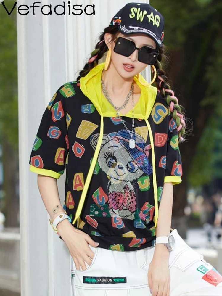 

Vefadisa 2023 Summer Women Fashion Hooded T-shirt Casual Fashion Cartoon Top Personalized New Trendy Girl Short Sleeve ZY1649