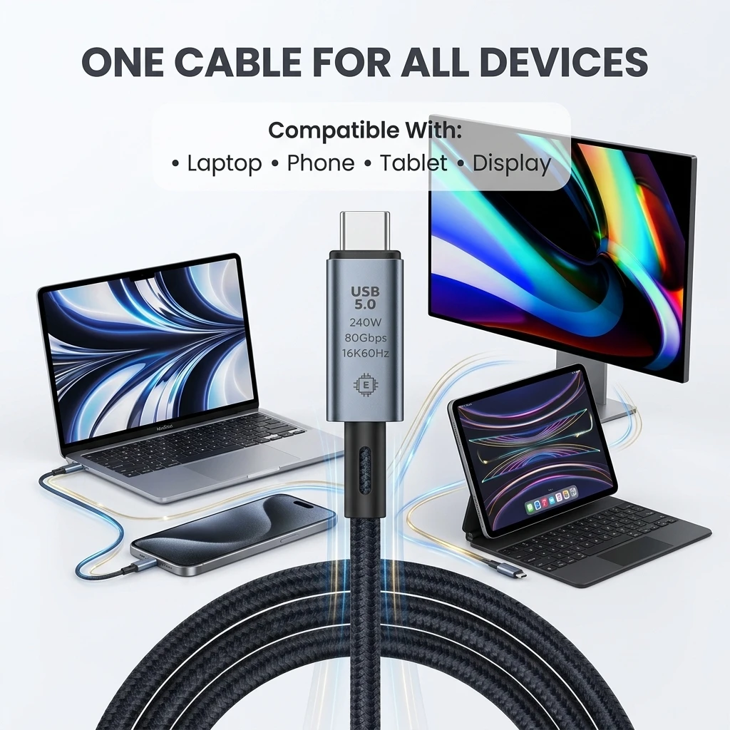 Фото Кабель USB 5.0 C-C, быстрая зарядка 240 Вт, высокоскоростной кабель передачи данных 80 Гбит/с, поддержка дисплея 16K 60 Гц, кабель Type C (штекер-штекер). №1