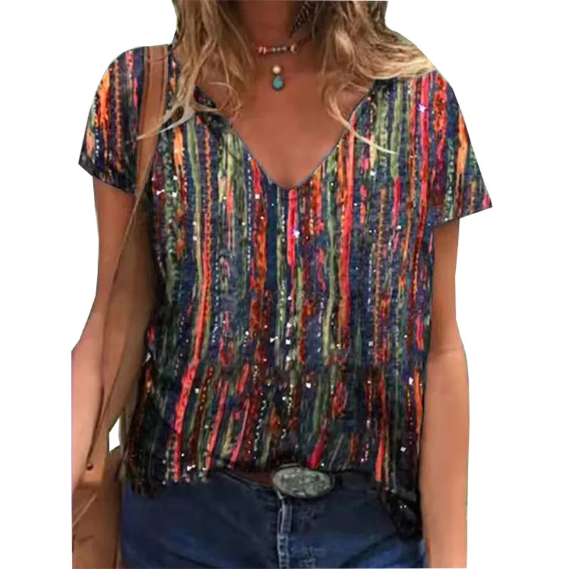 

5XL Summer Gradient Striped Print Women T Shirt 2022 New Streetwear Casual Short Sleeve V-Neck Loose Tops Oversized Ladies Tee