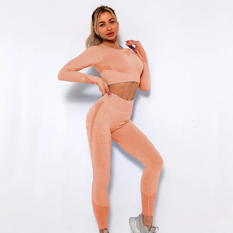 Seamless Yoga Sets Sports Fitness Cutout Long-Sleeved Top Higjh Waist Hip-lifting Pants Suits Workout Gym Leggings Set for Women