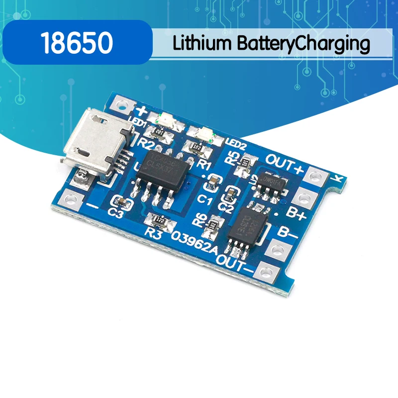 

Зарядная плата TP4056 для литиевой батареи, 5 В, 1 А, Micro USB 18650, модуль зарядного устройства + Двойная функция защиты