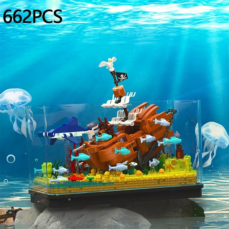 

662PCS Creative Fish Tank Building Blocks Underwater World Sunken Pirate Ship Assembly Model Decoration Children Christmas Gifts