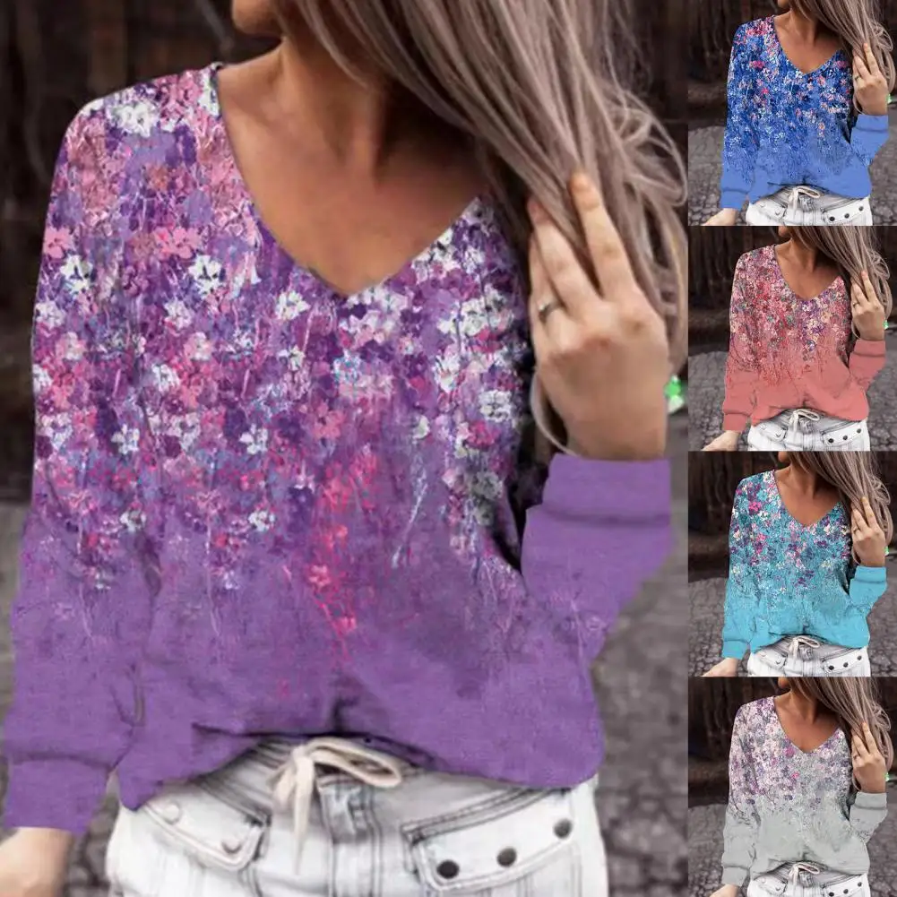 

Повседневная Свободная футболка с принтом, дышащая футболка с длинным рукавом и цветочным принтом