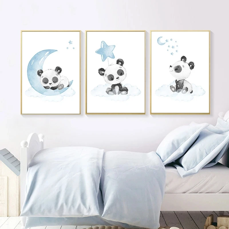 

Nursery Wall Poster Panda Painting Moon Star Cloud Print Hot Air Balloon Posters Nordic Wall Pictures Baby Kids Room Decor