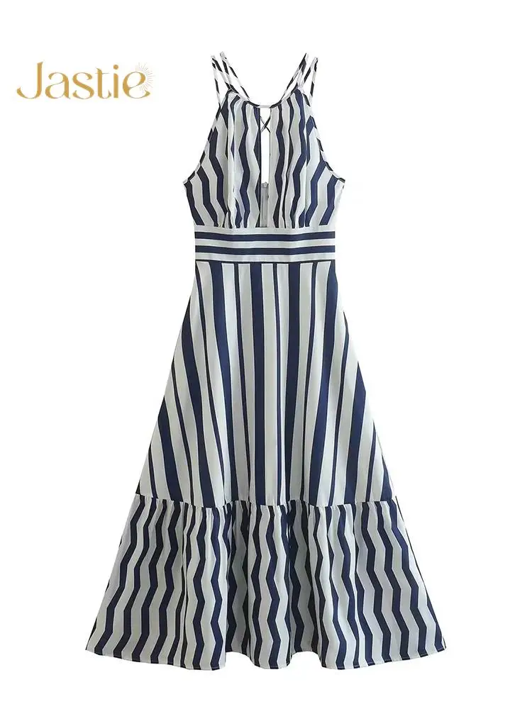 

Jastie Summer Elegant Sexy Beach Long Dress Women Striped Boho Backless Lace-up Strap Dress A-line Female Vestidos 2023 Fashion