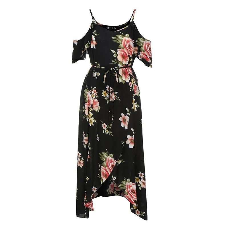 

Women Cold Shoulder Spaghetti Strap Floral Split Asymmetrical Midi Swing Dress