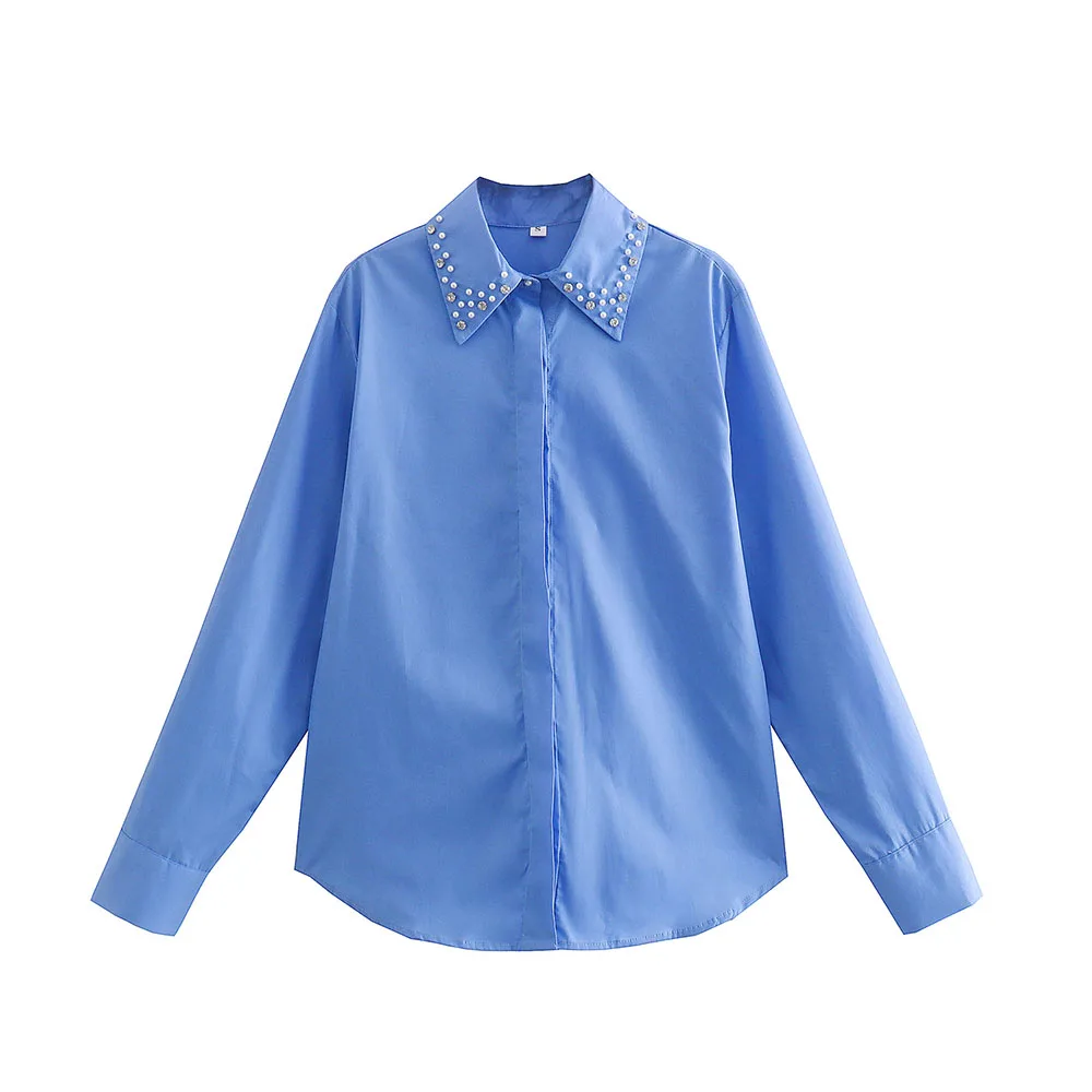

Новинка весна-осень 2022 синие женские рубашки Ювелирная имитация однобортная Свободная Повседневная блузка из поплина