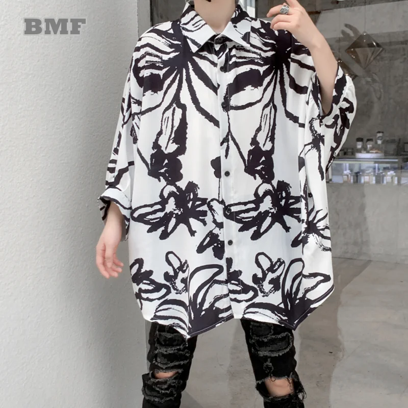 

Fashion Hairstylist Loose Ink Printing Short Sleeve Shirts Summer Thin Three-Quarter Sleeve Men Clothing Korean Oversized Tops