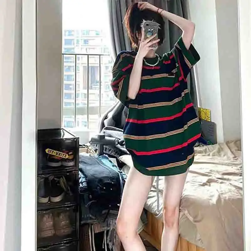 

Summer Striped Print O Neck Short Sleeve Women T Shirt Vintage Fashion All-match Harajuku 2xl Oversized Clothing Streetwear Tops