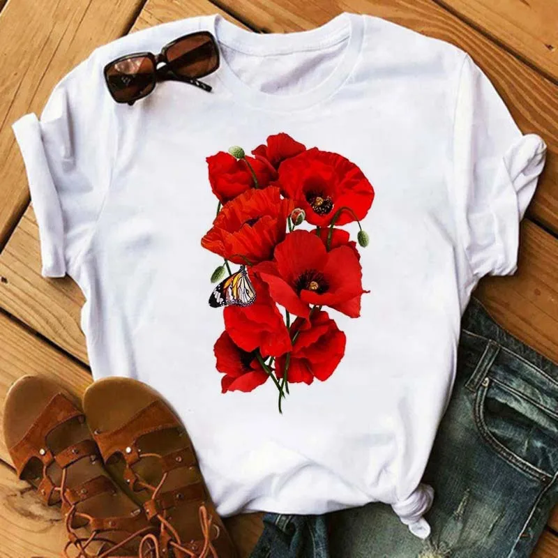 

New Women's T-shirt Red Poppy T Shirt Fashion Graphic Print Vintage Tshirt Funny T-shirt Harajuku Summer Tees Shirts Femme Tops