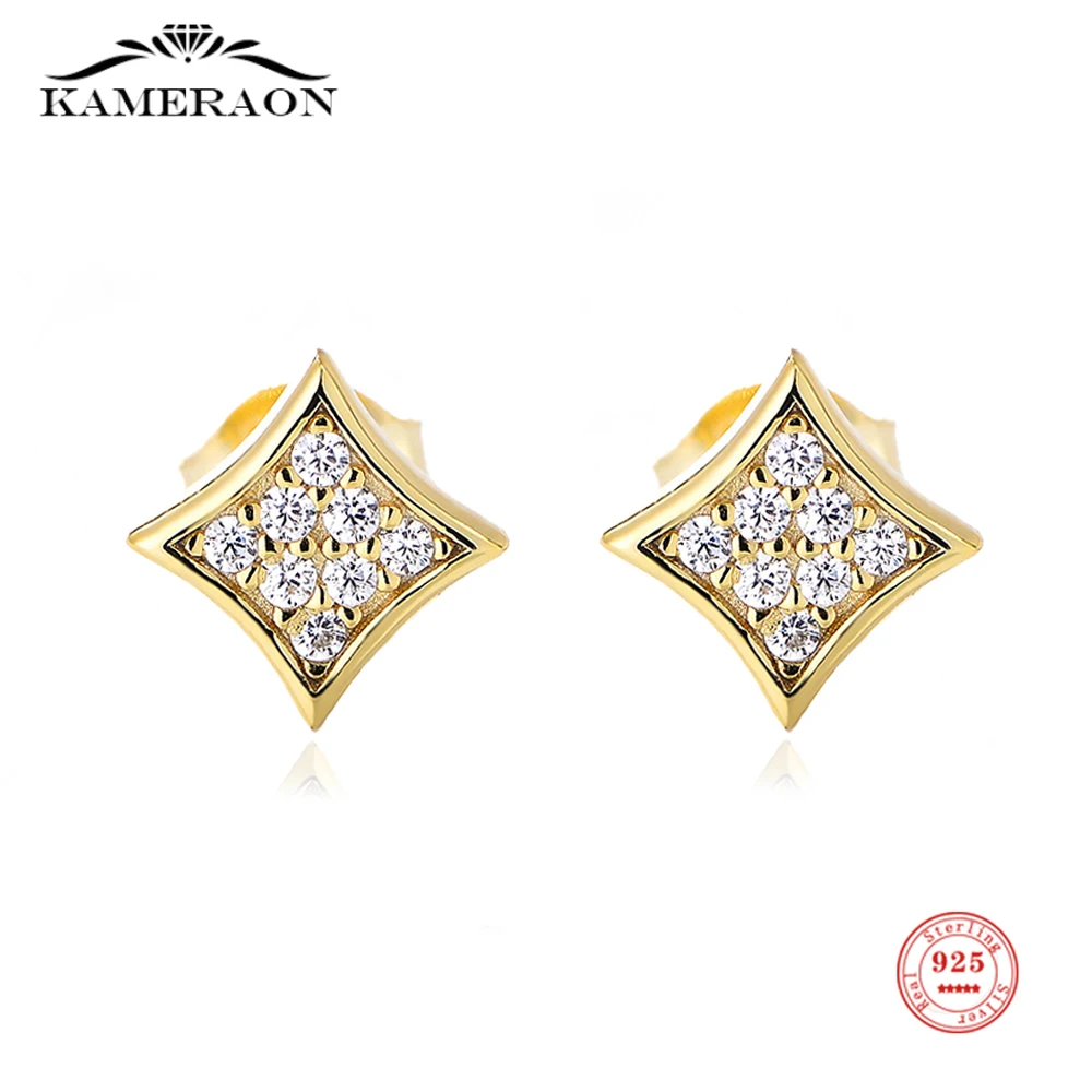 

Kameraon 925 Sterling Silver Shiny CZ Geometric Stud Earrings for Women 18k Golden Plated Simple Rhombus Zircon Earrings