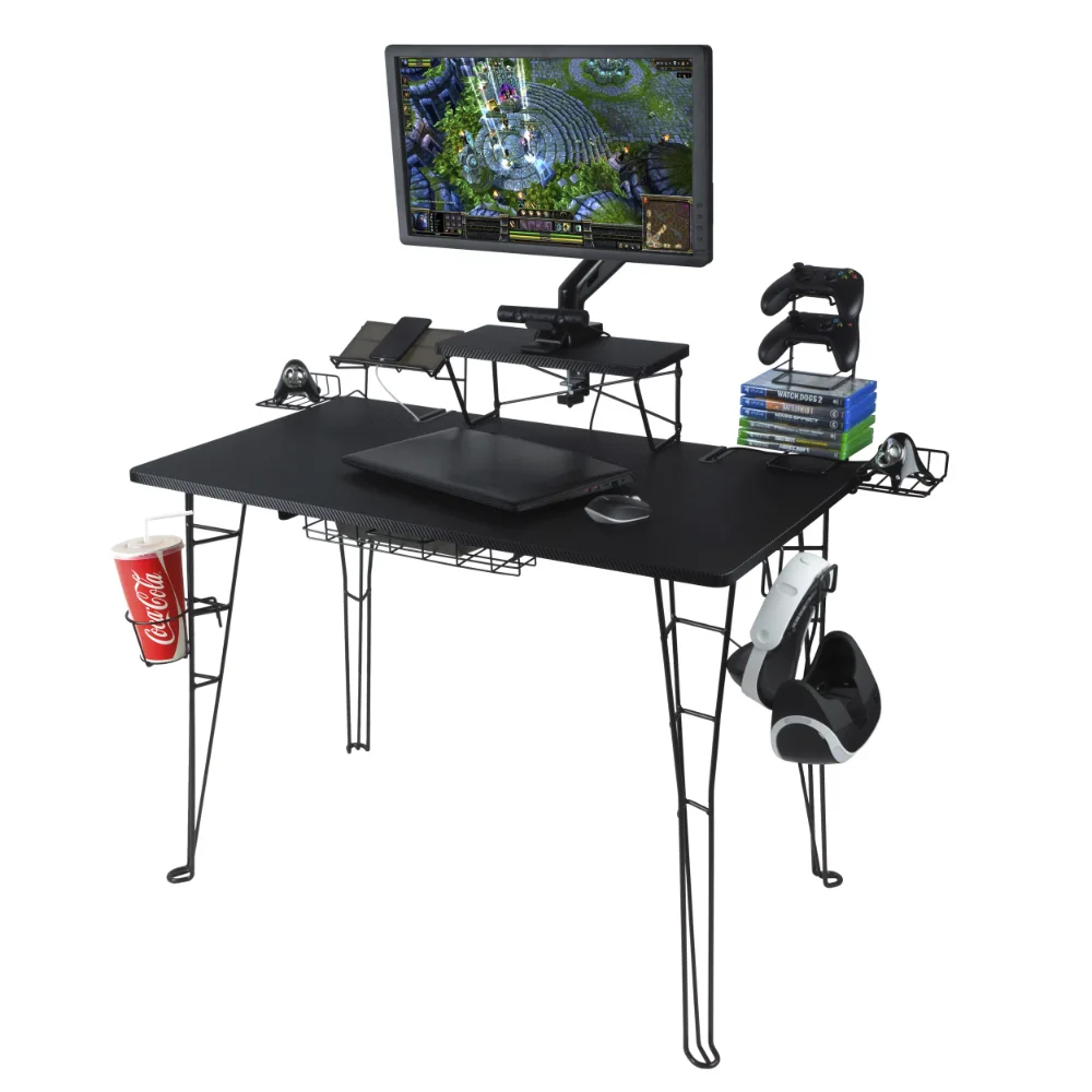 

Gaming Desk with 32" Monitor Stand, Charging Station and Gaming Storage, Black Carbon Fiber standing desk