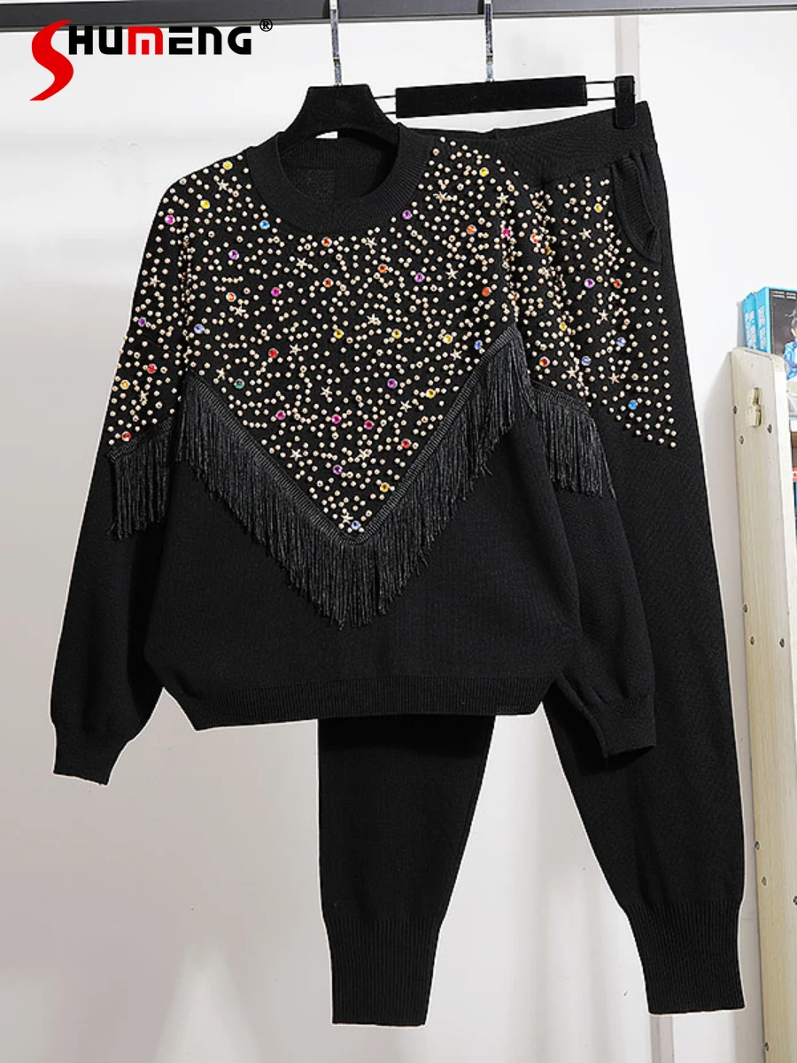 

European New Diamond Slimming Two-piece Suit Women's 2022 Autumn Fashion Tassle O-neck Sweatshirt Ladies Beading Casual Trousers