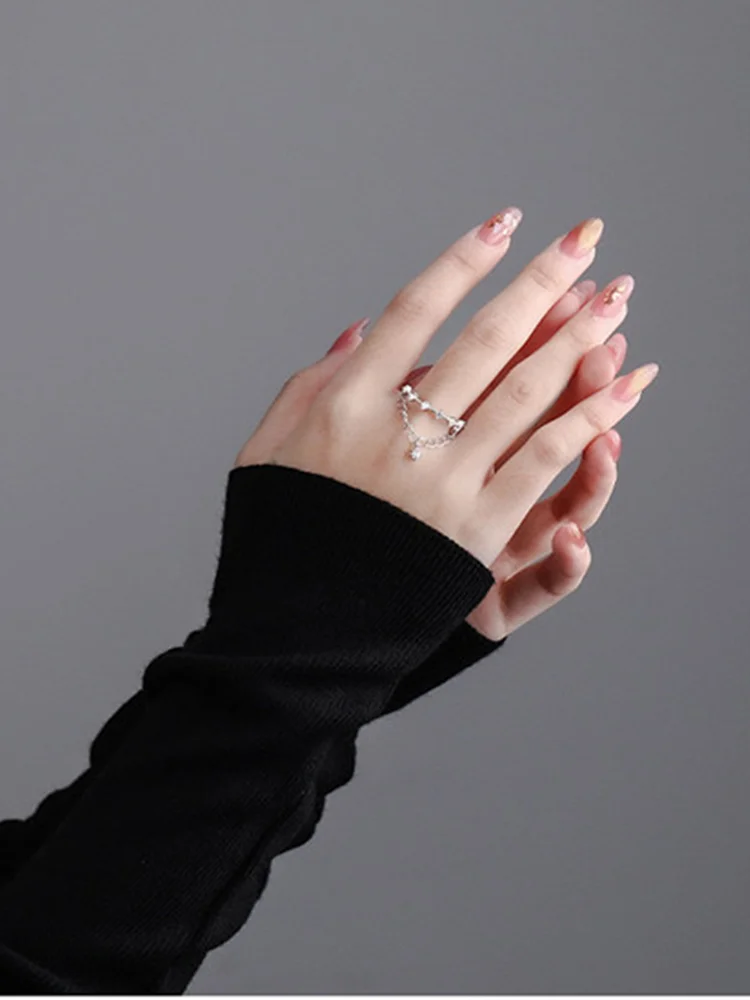 

925 Sterling Silver Open Star Zircon Index Finger Ring Meteor Double Chain Ring for Women Party Jewelry