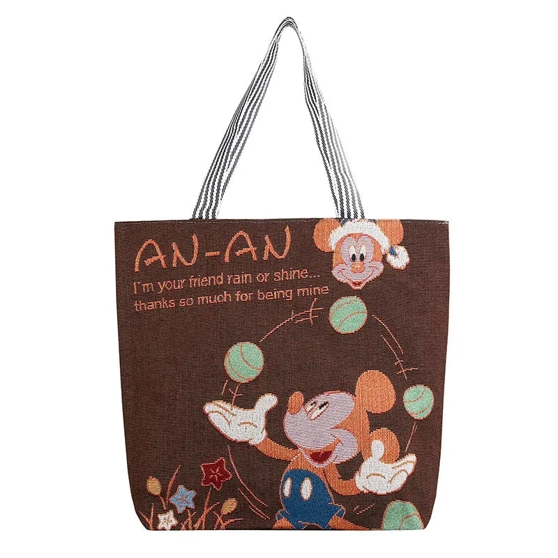 

Disney Mickey Mouse Knitted Women Handbag Shoulder Pack Large Capacity Women Shopping Bag Canvas Cartoon Stitch Bag