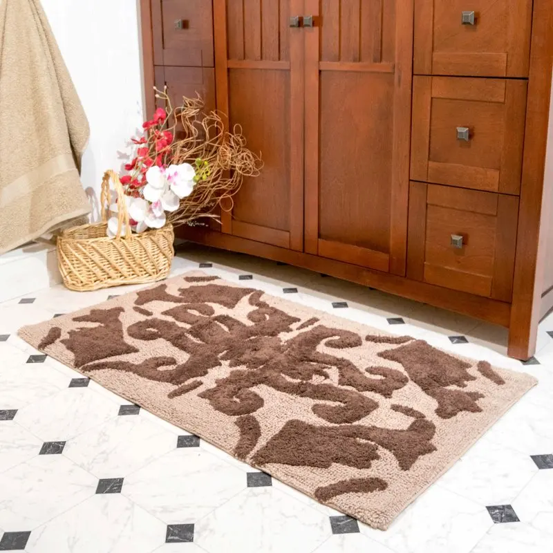 

Spectacular Quality 2pc Chocolate & Linen Scroll Bath Rug Set, Perfect Size 20"x32" & 23"x39" for Your Bathroom.