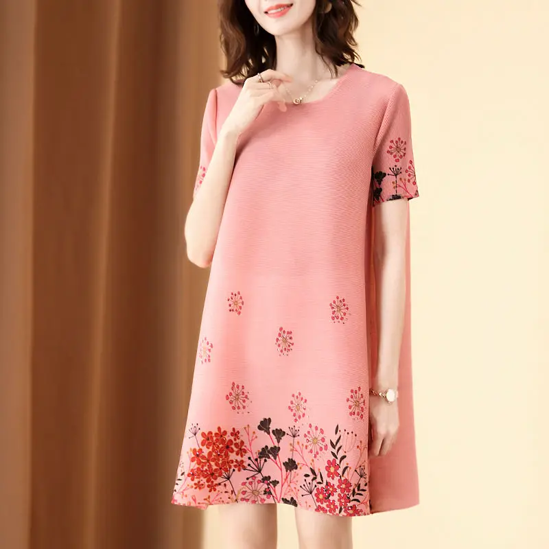 

Simple commuter slim pleated dress 2021 summer new fashion round neck short sleeve printing