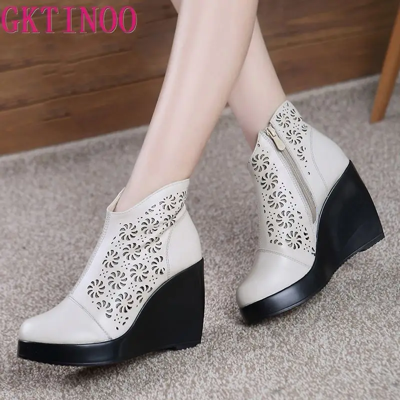 

GKTINOO Fashion Women Sandals Summer New Mesh Boots Genuine Leather Women's Shoes Hollow Boots High Heels Wedges