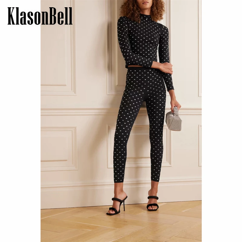 

8.17 KlasonBell Fashion Rhinestone Letter Turtleneck Knitted Short Slim Pullover Knitwear Or Leggings Set Women