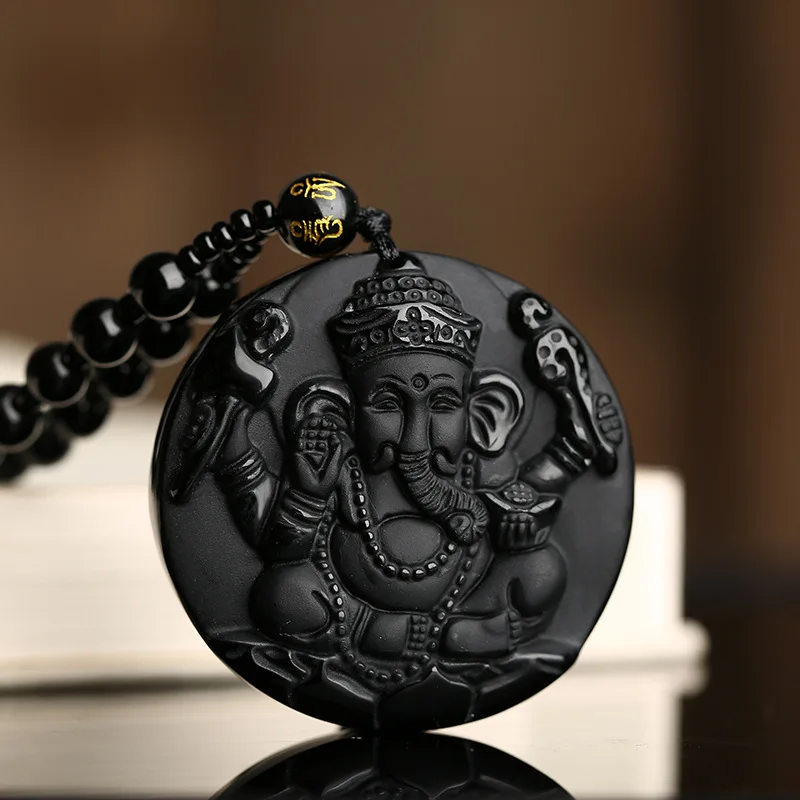

Natural Black Obsidian Hand Carved Elephant God Jade Pendant Fashion Boutique Jewelry Men and Women's Elephant Necklace Gift