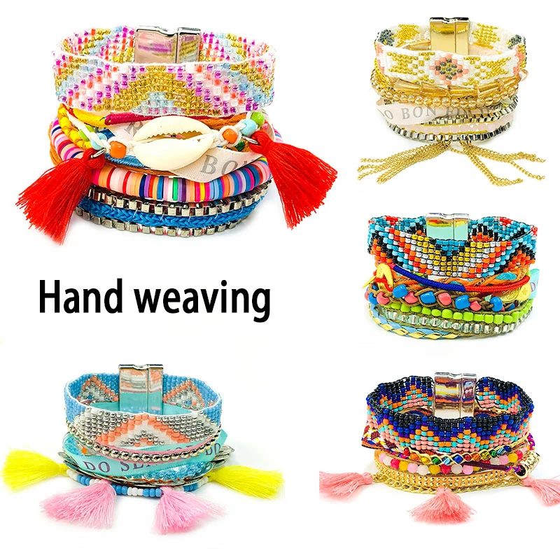 

New Charm Bracelet for Women Holiday Matching Bohemia Ethnic Style Hand Woven Tassel Rope Multi-layer Design Fashion Jewelry