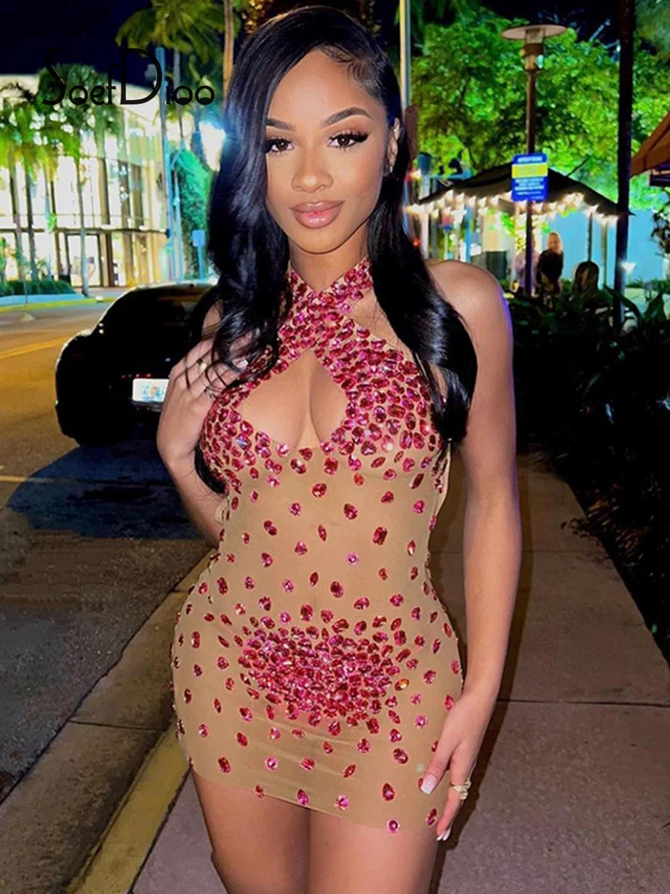 

Soefdioo Mesh Patchwork Rhinestone Halter Mini Dresses for Women 2022 Summer Night Club Outfits Sexy Backless Bodycon Dress