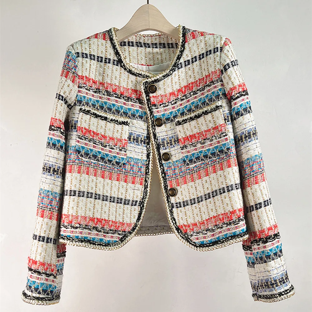Stripe Colorful Thread Woven Luxury Elegant Women's Coats Tops Vintage