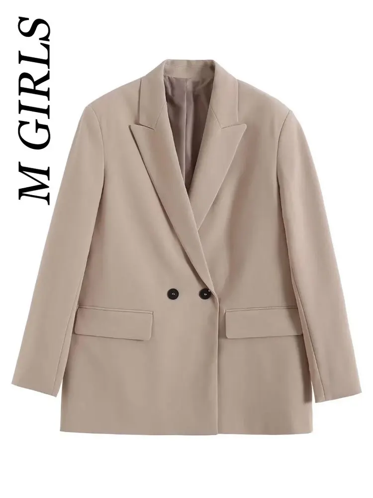 

M GIRLS Women Fashion Double Breasted Loose Fitting Blazer Coat Vintage Long Sleeve Pockets Female Outerwear Chic Veste Femme