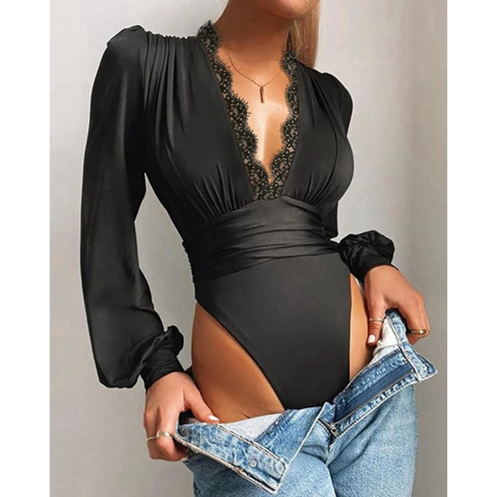 

Women Contrast Lace V Neck Long Sleeve Slim Bodysuit Fashion Sexy Femme High Waist Jumpsuit Sexy Playsuit Fashion Romper 2023