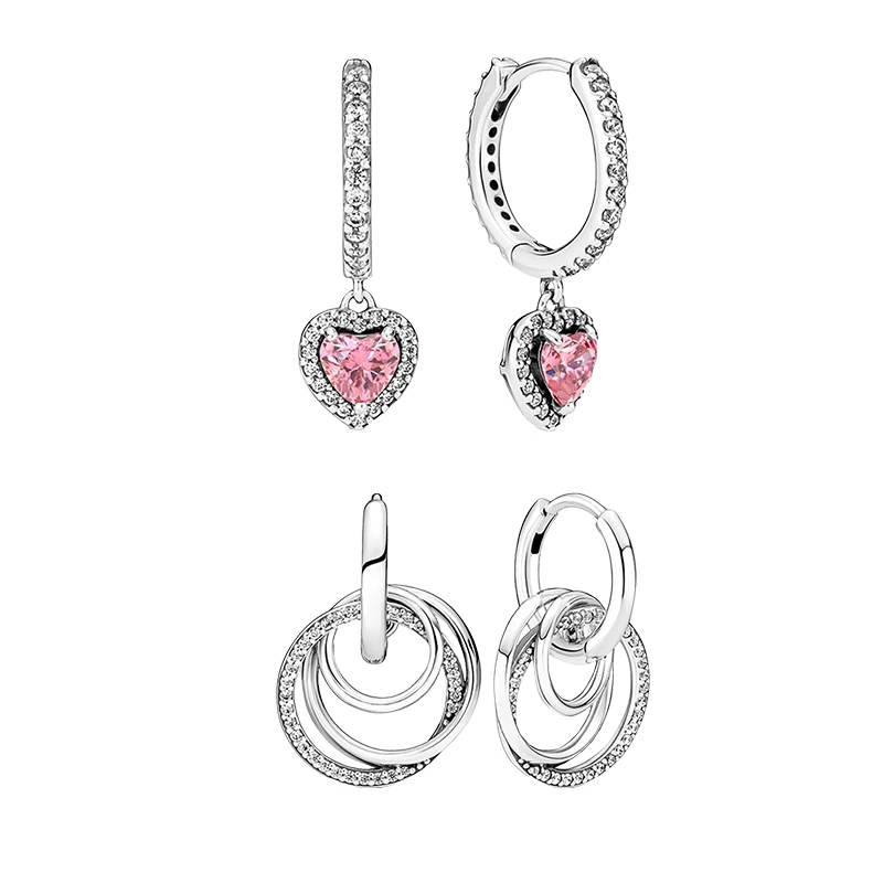 

Hoop Earrings For Women 925 Sterling Silver Fine Jewelry Pink Halo Heart Family Always Encircled Zircon Stones Mother's Day Gift