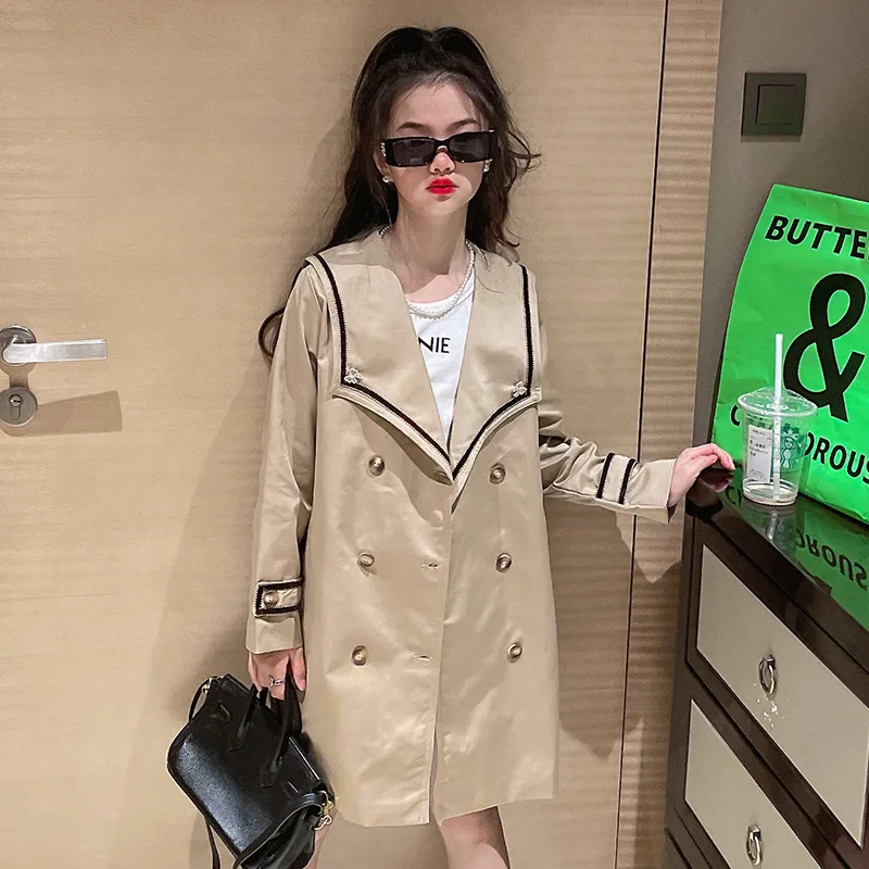 

Girls Trench Coat Autumn 2023 Fashion Double-breasted Mid-length Kids Outerwear Khaki England Style Sailor Collar Children Coat