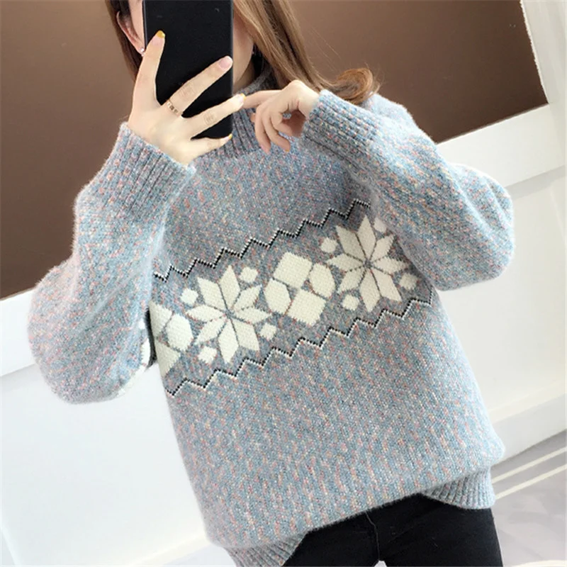 Женский трикотажный свитер в клетку свободный джемпер с воротником хомут и