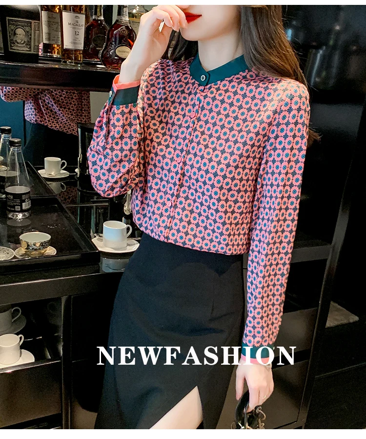 Женская рубашка с винтажным принтом FANIECES блузка воротником-стойкой и длинным