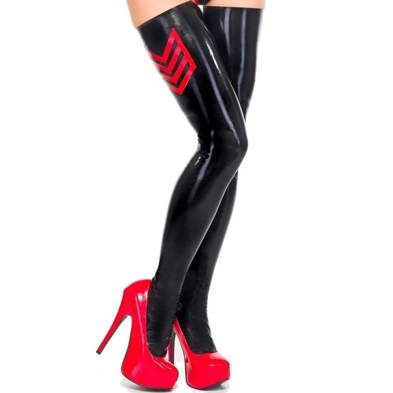 

Black And Red Sexy Long Military Latex Rubber Thigh High Stockings With Trims At Top WZ-0108